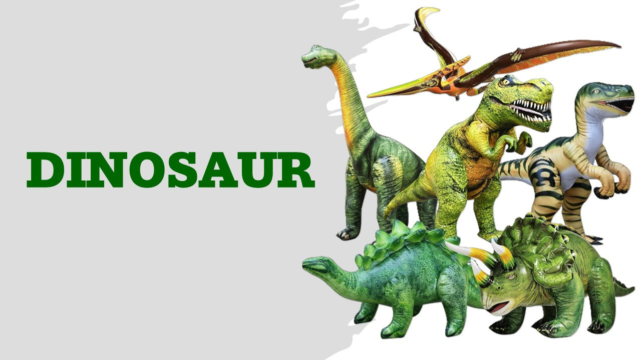 Collection of dinosaur toys on a gray background with 'DINOSAUR' text.
