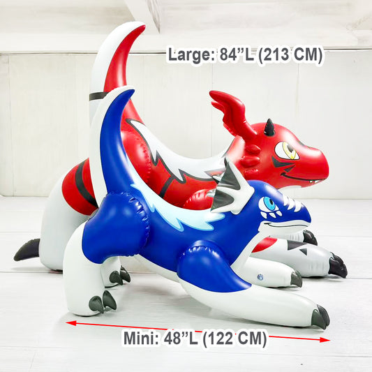 84" Red and 48" Blue Inflatable Dragons standing next to each other. by Jet Creations 