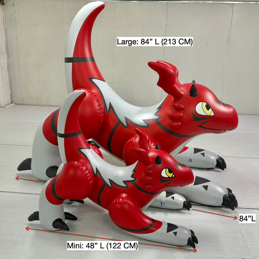 2 Inflatable red and white dragon toys with size labels on a light wooden floor. by Jet Creations Inc.