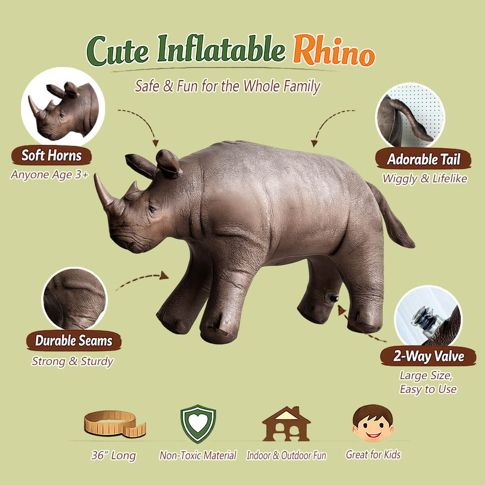 Jet Creations inflatable rhino toy with features listed on a green background