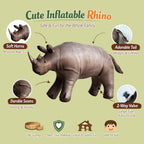Jet Creations inflatable rhino toy with features listed on a green background