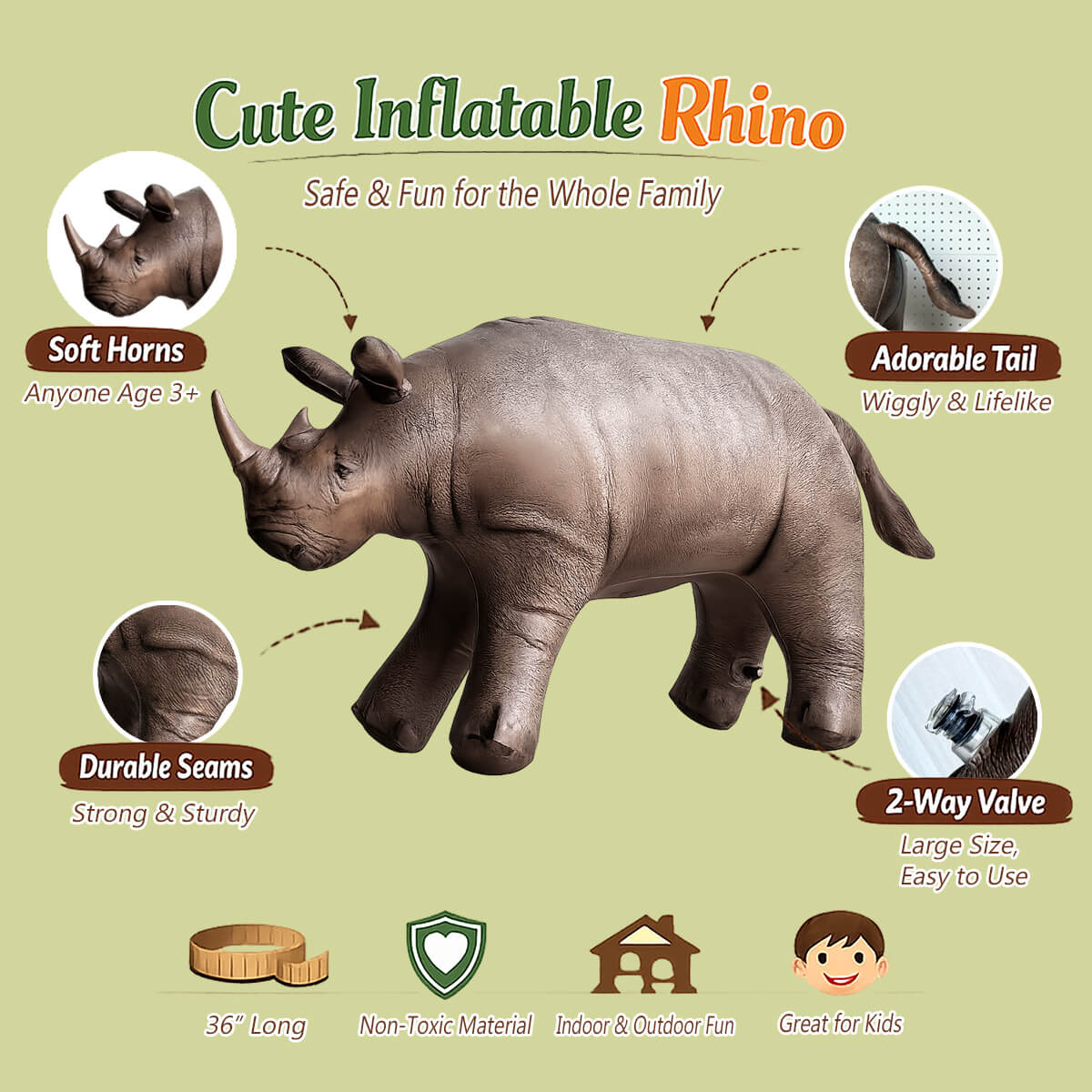 Jet Creations inflatable rhino toy with features listed on a green background