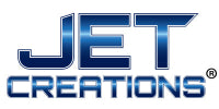 Logo of Jet Creations with metallic blue text on a white background