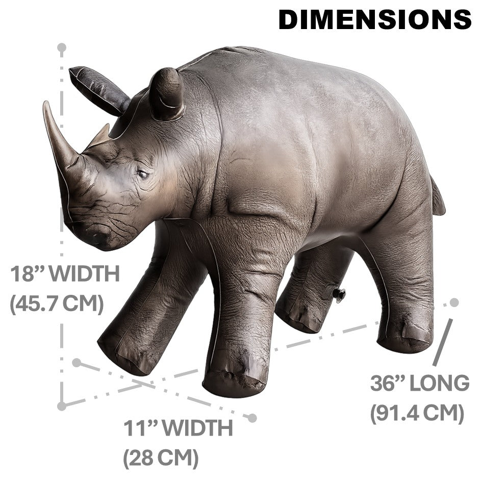 Jet Creations inflatable rhino with dimensions labeled on a white background