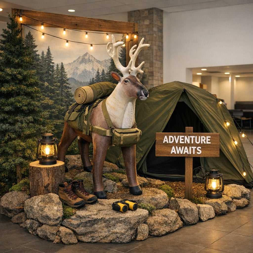 Decorative display with a deer statue, camping gear, and 'Adventure Awaits' sign in a room. by Jet Creations