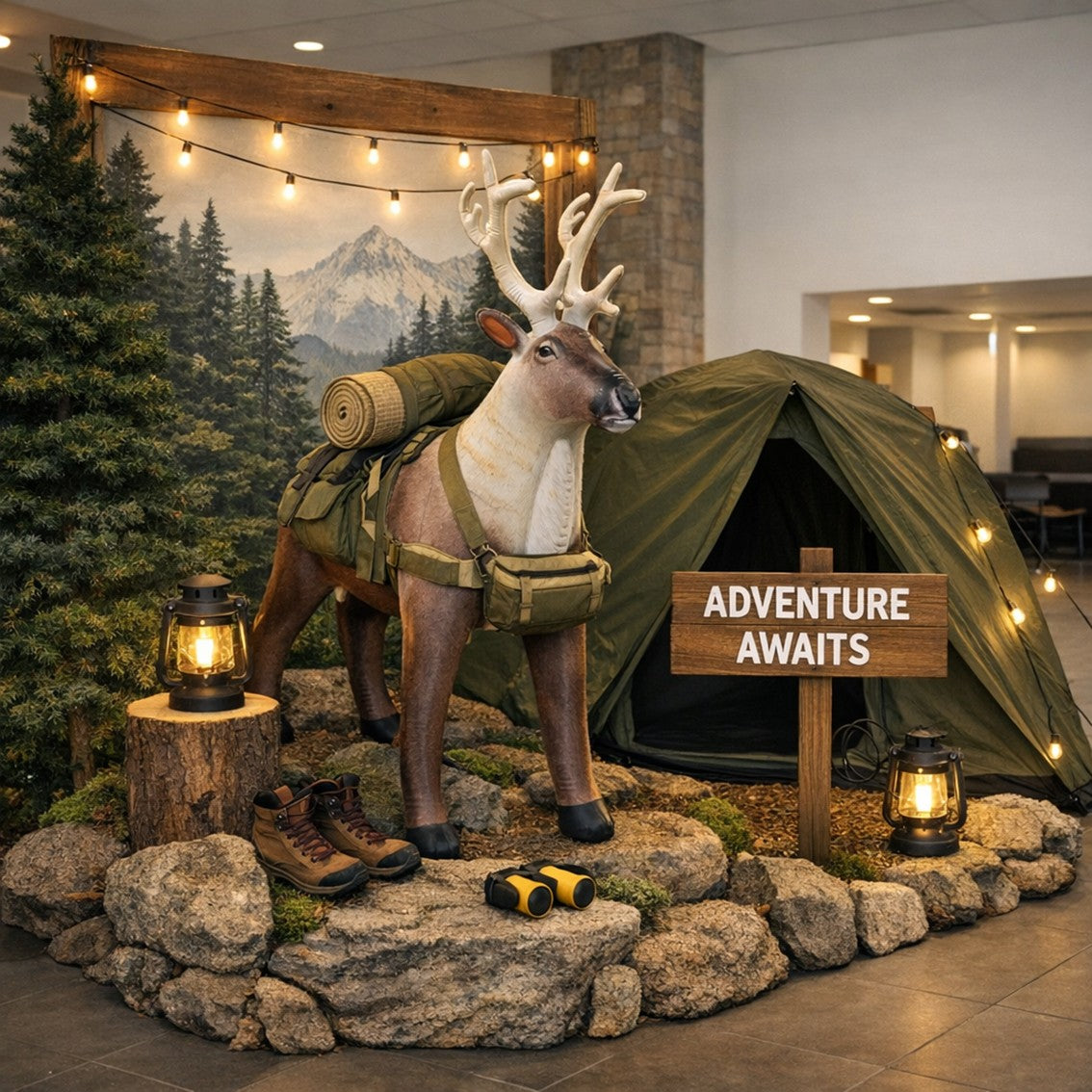 Decorative display with a deer statue, camping gear, and 'Adventure Awaits' sign in a room. by Jet Creations