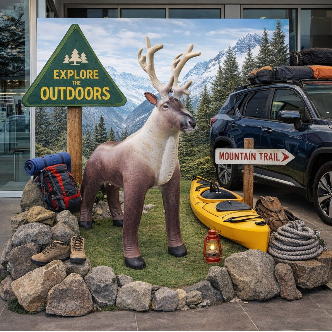Reindeer statue with outdoor gear, car, and signs in front of a mountainous landscape.