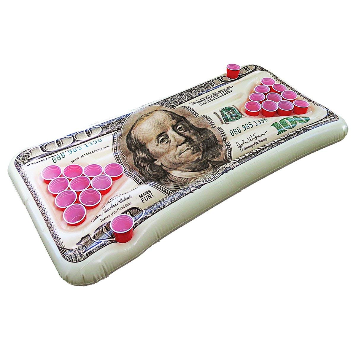 Inflatable Floating Beer Pong Table Top, 6ft, with 2 Inflatable Flying Discs, 12 inch. Feature US Money Design, JC-F0177