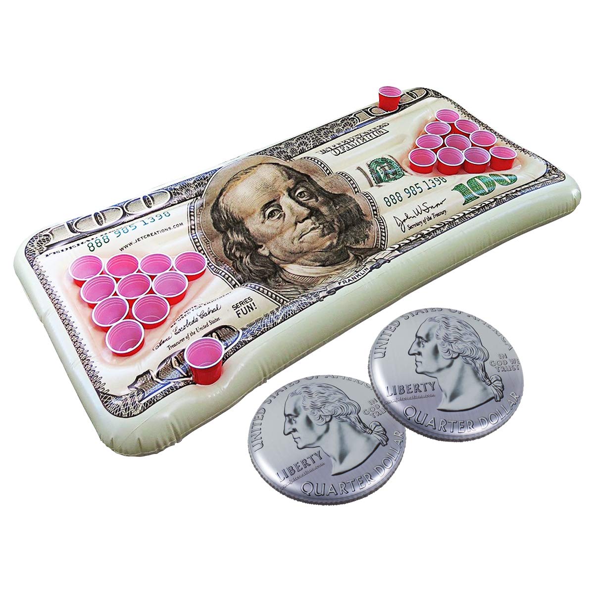 Inflatable Floating Beer Pong Table Top, 6ft, with 2 Inflatable Flying Discs, 12 inch. Feature US Money Design, JC-F0177