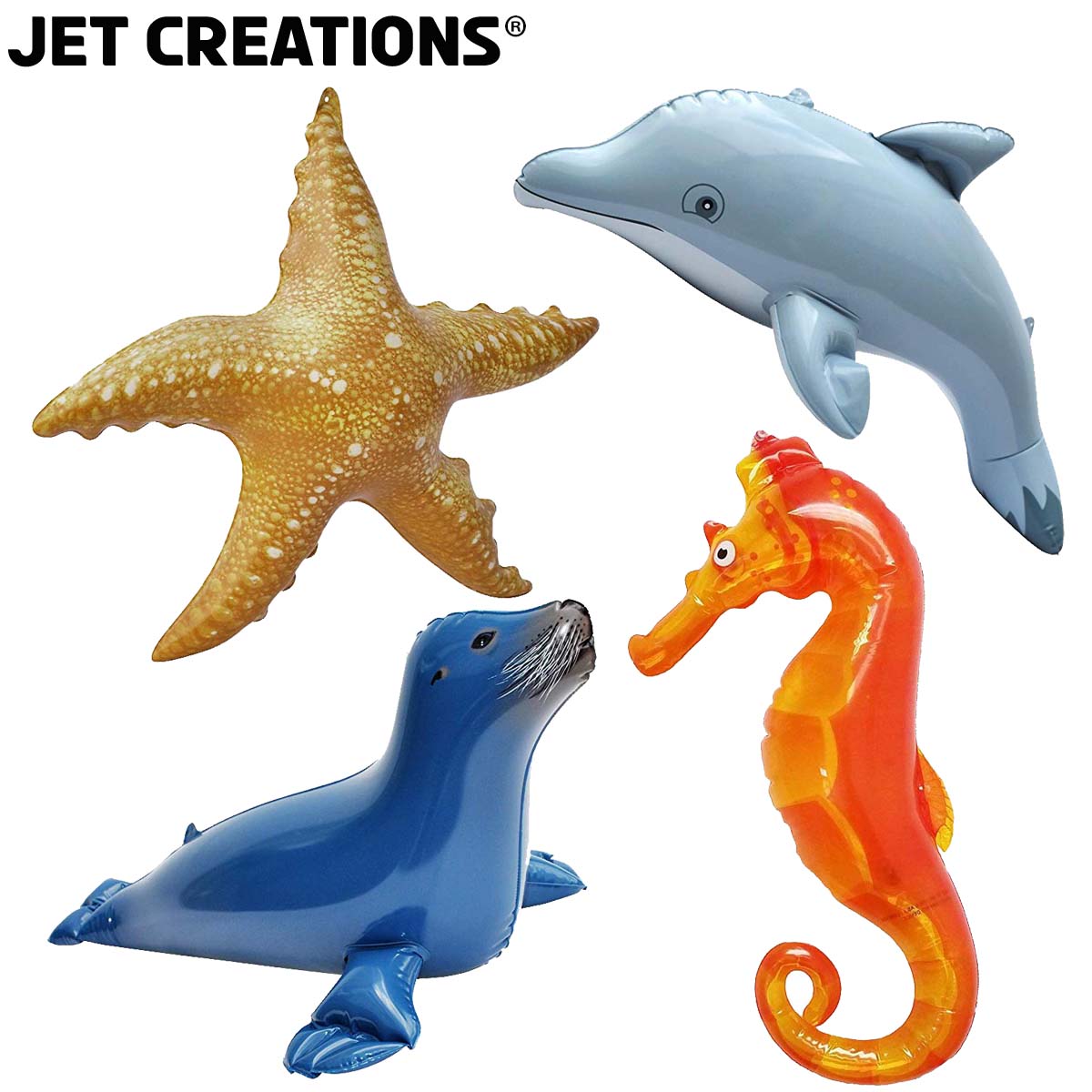 Inflatble Dolphin Seahorse Seal Starfish Air Stuffed Plush Animal Party Favors for Kids Decorations Figures, 4-Count, Size 20 inch, [JC-OCEAN4]